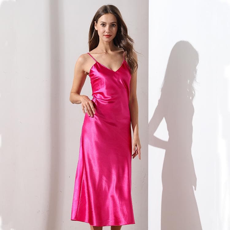 Women's Satin Nightgown Long Slip Sleep Dress Silk V Neck Sleepwear Solid Color Nightwear 2XL