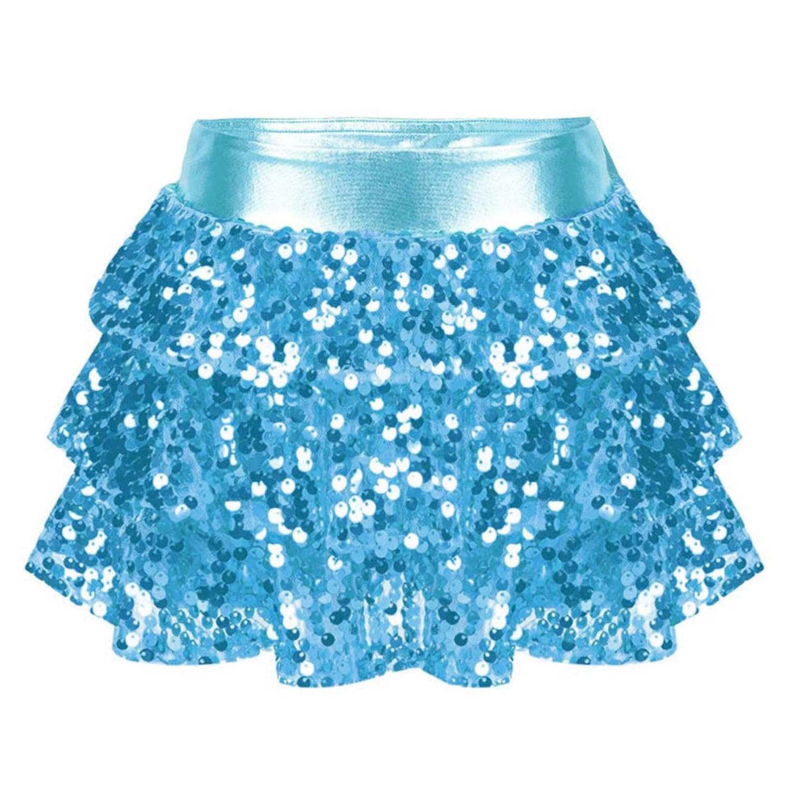 Girls Shiny Sequins Tiered Ruffle Skirted Shorts Metallic Elastic Waistband Culottes Dance Performance Costume 13-14 Years light blue