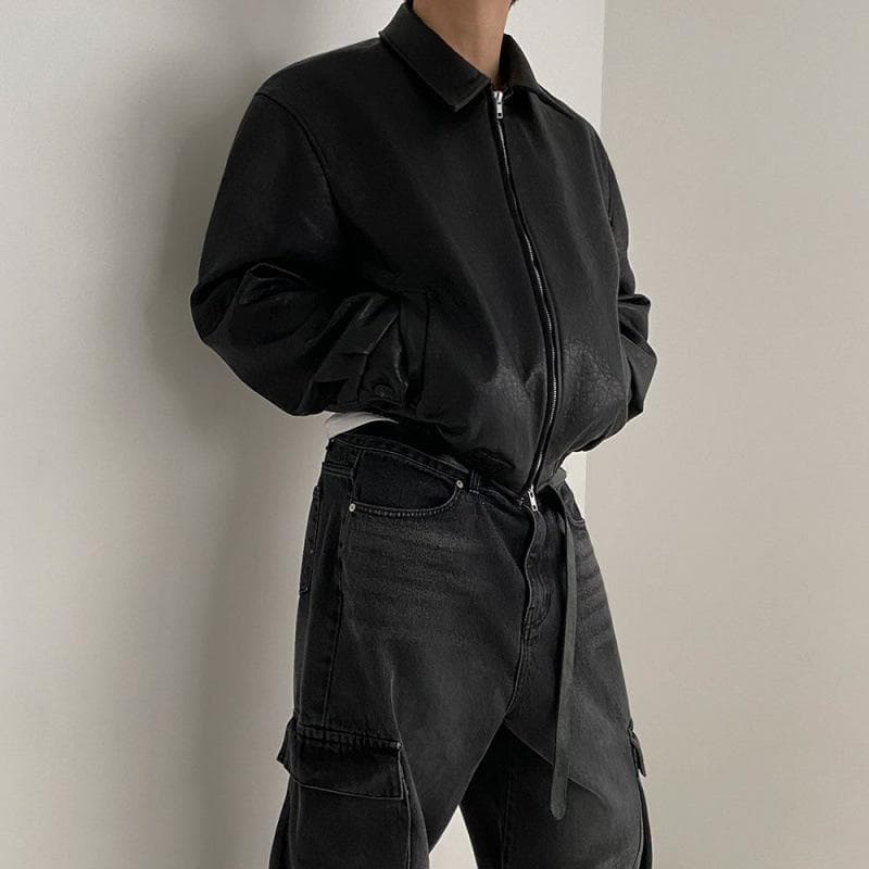 Retro Short Leather Jacket Men's Spring Loose Lapel Jacket Korean Style Trendy Distressed Leather Jacket M black