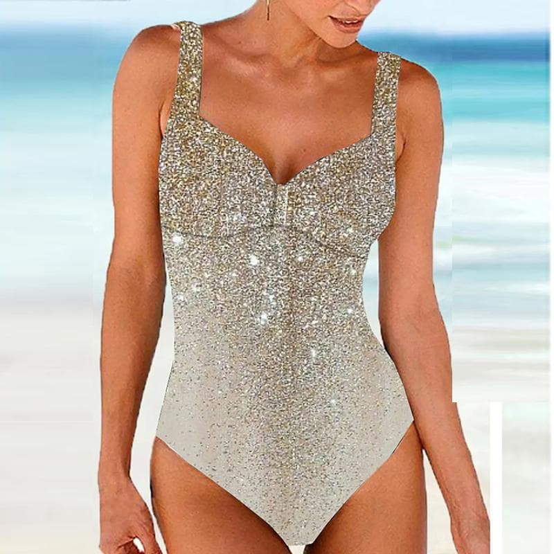 Women's Halter Shining Star Sequins Print Bikini Tankini Swimsuit M silver