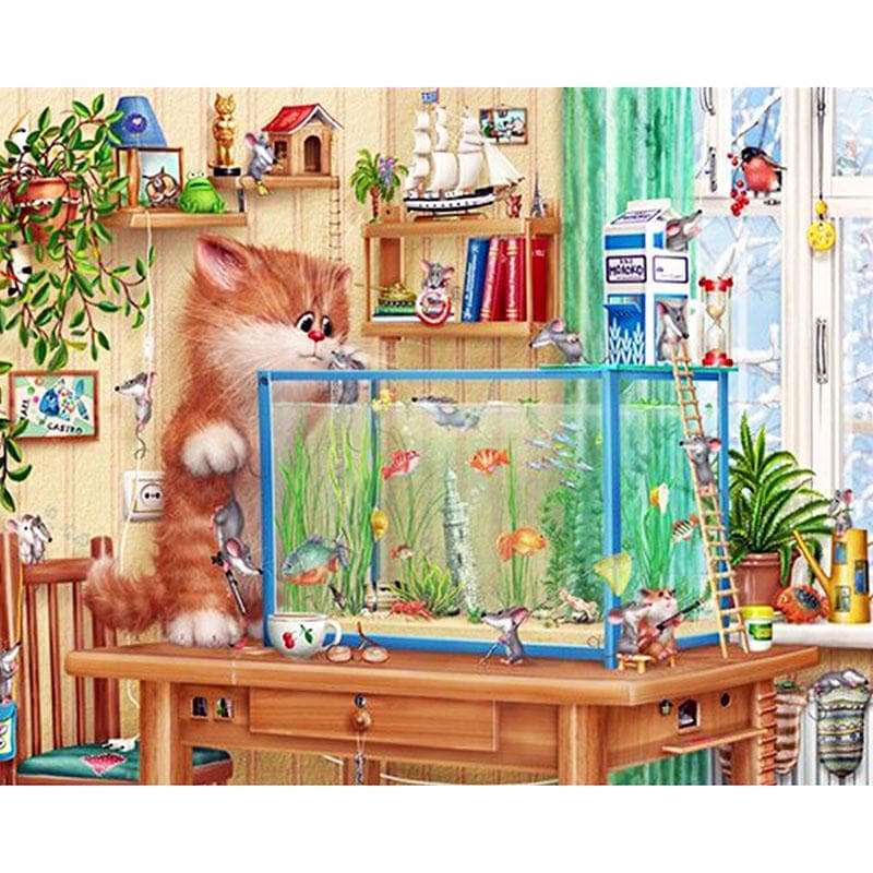 5D DIY Diamond Painting Cat Watching Fishes Embroidery Cross Stitch Rhinestone Mosaic Painting 20X30CM