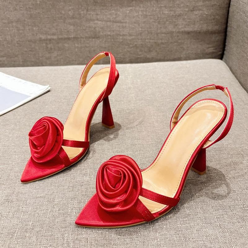 Liyke Summer Fashion Silk Rose Flowers Pointed Open Toe Back Strap Sandals Women Red High Heels Wedding Prom Shoes Zapatos Mujer 40 red