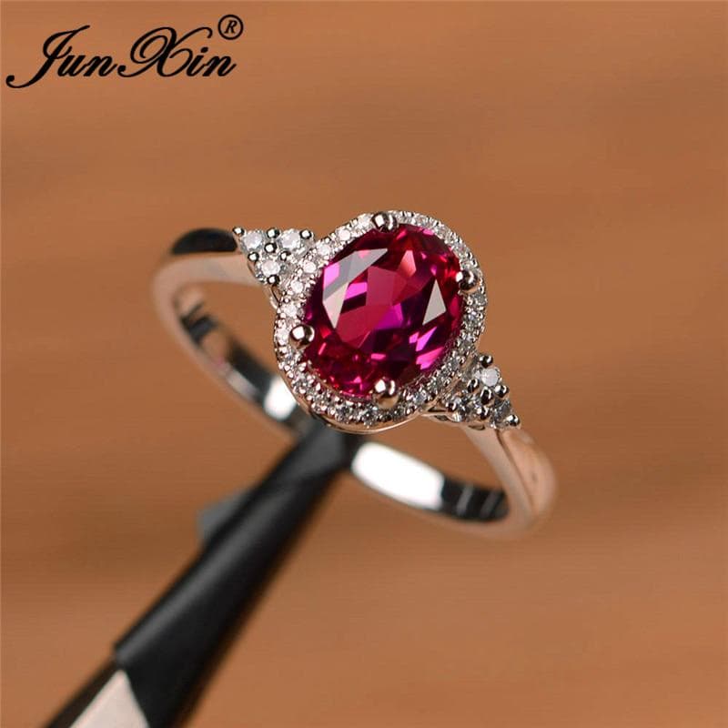Female Red Stone Oval Ring White Stone Claw Ring Wedding Ring Jewelry Girl Minimalist Thin Ring 11