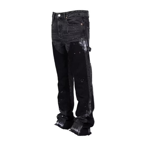 Men's Baggy Bell-Bottom Jeans Elastic Denim Casual Work Pants Vintage Patchwork Flared S black gray