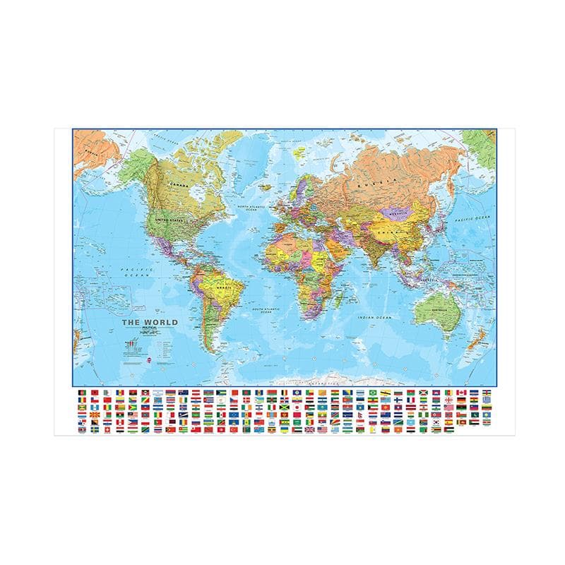 The World Political Map with National Flags Canvas Painting Wall Art Poster School Supplies Living Room Decor Geography 70*50cm(Canvas)