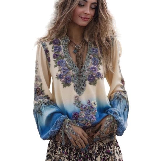 Women Shirt Oversize V-Neck Long Sleeve Casual Spring Autumn Shirt 3D Printing Pattern Breathable 2XL