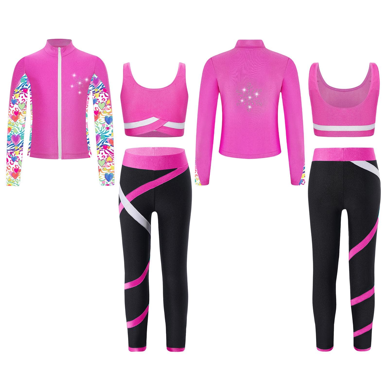 Kids 3 Pieces Girl Sports Dance Outfit Crop Tank Top with Athletic Leggings and Long Sleeve Jacket Set Tracksuit 5-6 Years hot pink