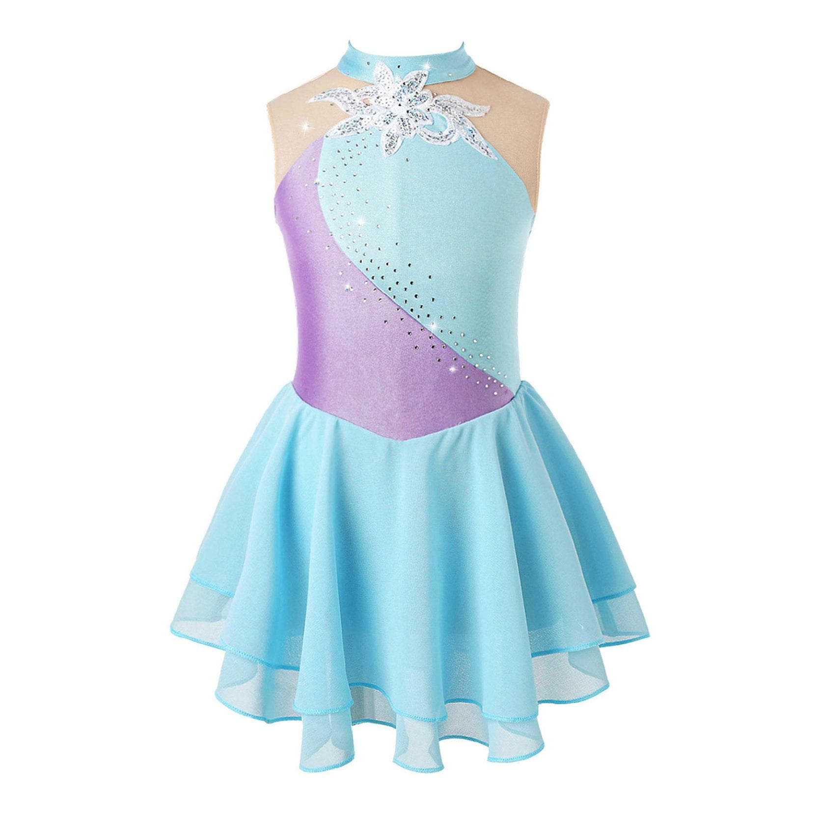 Gymnastics Leotards for Girls Sleeveless Rhinestone Ice Skating Dress Floral Dance Dresses 7-8 Years light blue