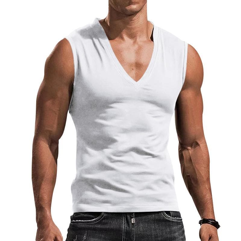 Men's Muscle Sleeveless T-shirt Men Summer Loose Tank Top Solid V Neck Vest Tee Men Tops M white