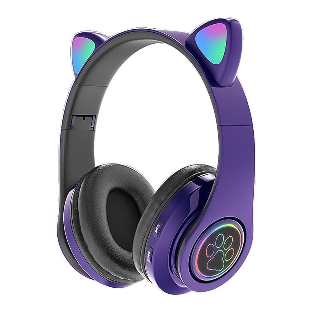 Bluetooth 5.0 Headphone with Microphone Cute Cat Ear Wireless/Wired Foldable Headphone Bass RGB Breathing Light for Boys/Girls Without box purple