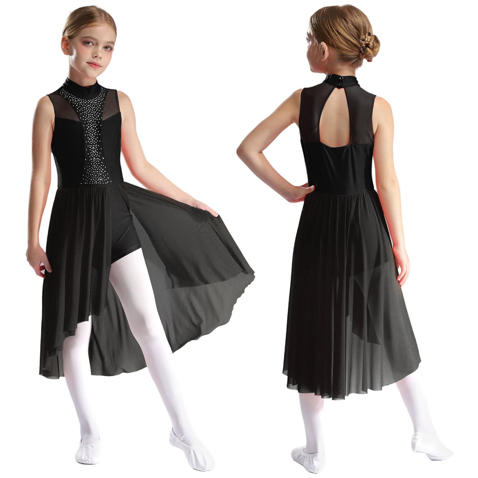 Kids Girls Chiffon Ballet Dress Sleeveless Mock Neck Cutout Back Side Split Asymmetrical Hem Sparkly Rhinestone Dance Dresses 5-6 Years black
