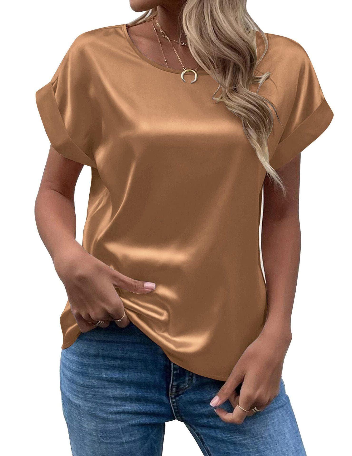 New Women's Short Sleeve Satin Shirt Loose Casual Round Neck Colored Ding T-shirt Women Spring and Summer S dark brown