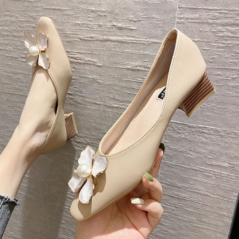 Genuine Leather Square Toe Block Heel Single Shoes Fairy Style Pearl Flower Mid-heel Season Single Shoe Female Tide Shallow Mouth 40