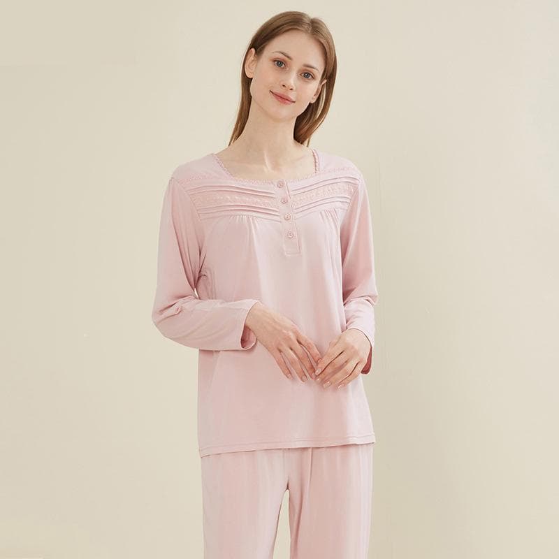 Square Collar Modal Cotton Pajamas Set Women's Elegant Casual Pajamas Autumn Long-sleeved Pants Two-piece Home Wear Set 2XL pink