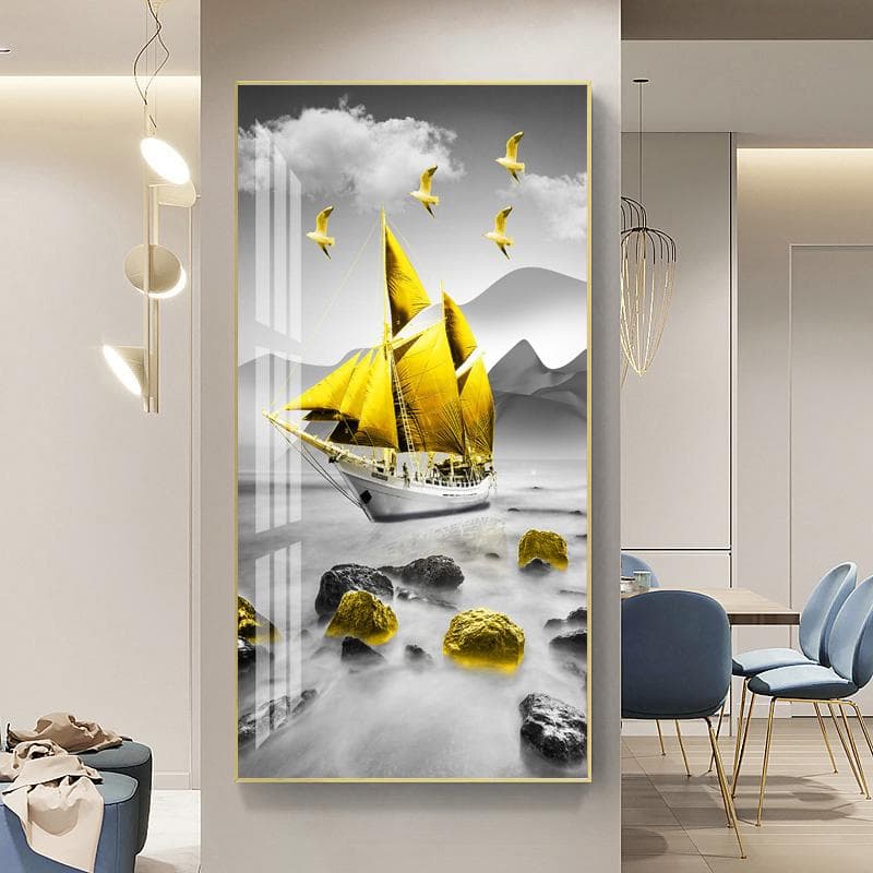 Golden Boat Ship Canvas Painting Lucky Stone Zen Posters Landscape Wall Art Pictures for Living Room Porch Decor 30x60cm jonquil