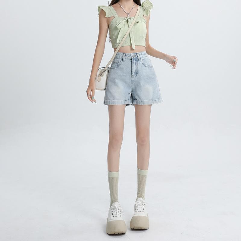 Denim Shorts for Women In Summer New Retro Curly Edge High Waist Slim A-line Shorts for Women Small People Wearing Pants 2XL