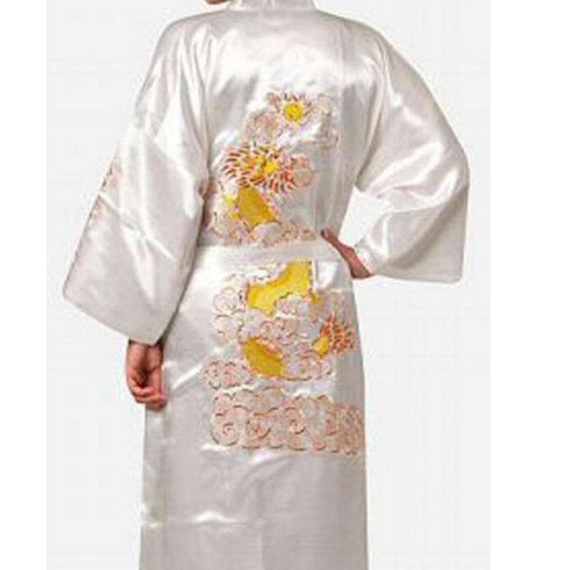 Silk Pajamas Robe Embroidery Dragon Kimono Bath Gown Sleepwear Nightgown Pajama XL white
