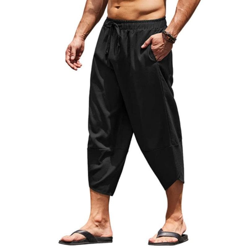 Mens Cotton Linen Shorts 3/4 Loose Fit Bermuda Pants Short Summer Long Casual 2XL black