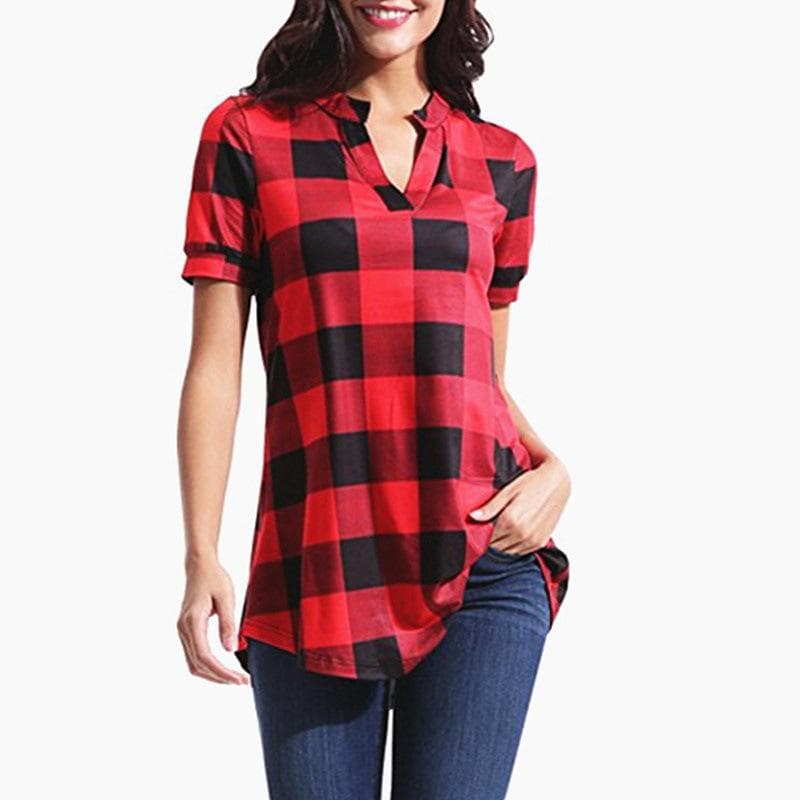 HNXC Women's Fashion Casual Summer Plaid Print Short Sleeve V-Neck Blouses & Shirts S red