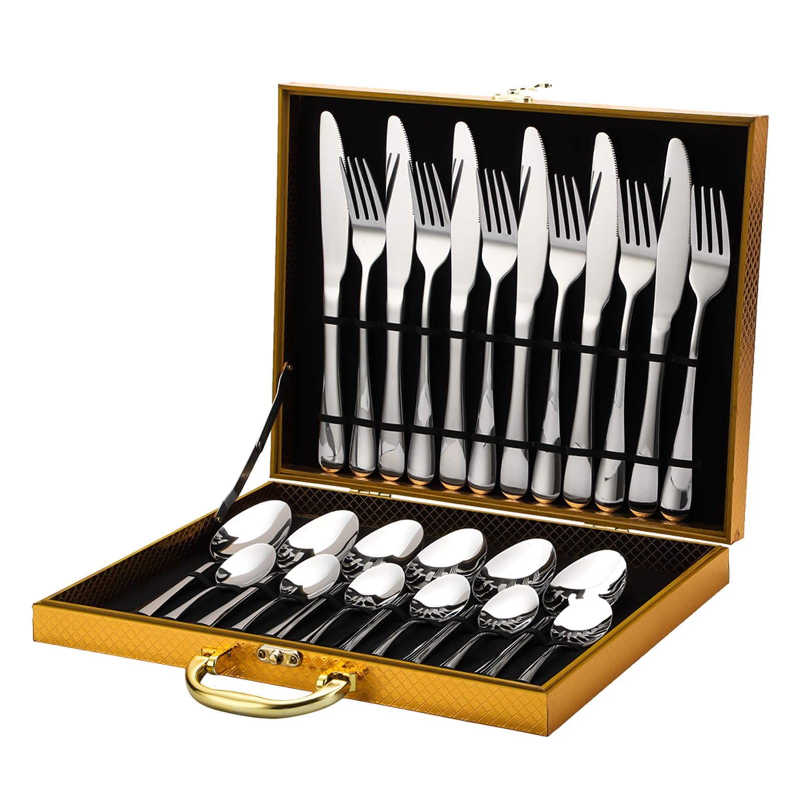 24-Piece Flatware Set Stainless Steel Tableware Cutlery Set Service for 6 with High-grade Storage Case for Home Kitchen Restaurant Hotel silver
