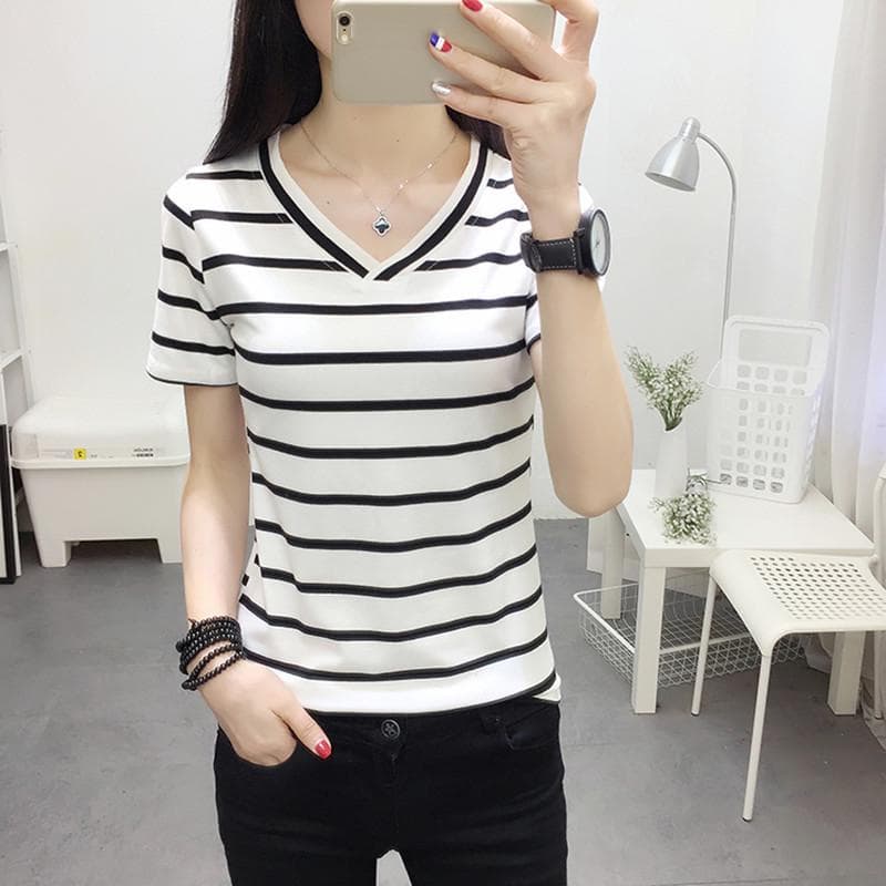 2025 Women's Black & White Striped V-Neck Short-Sleeve Slim T-Shirt 2XL