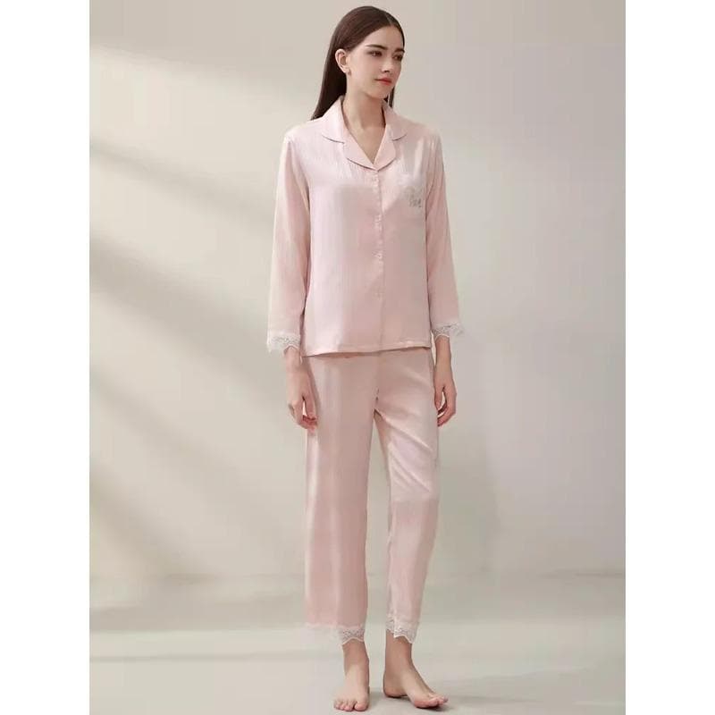 Pure Silk Pink Striped Button Up Womens Pajamas 2Pcs Lace Trim Long Silk Pajamas Home Wear XL pink