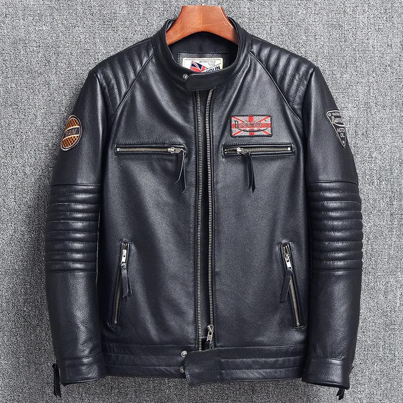 Make Old Top Layer Pure Cowhide Real Leather Men's Slim Biker Jacket with Standing Collar 5XL