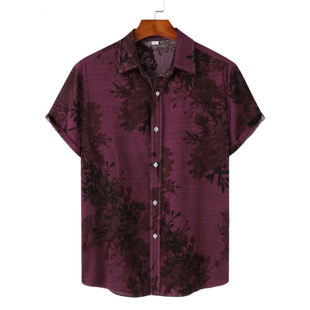 Summer Men Shirt Vintage Floral Print Turn-down Collar Single-breasted Short Sleeves Loose Cardigan Buttons Mid Length Top M wine red