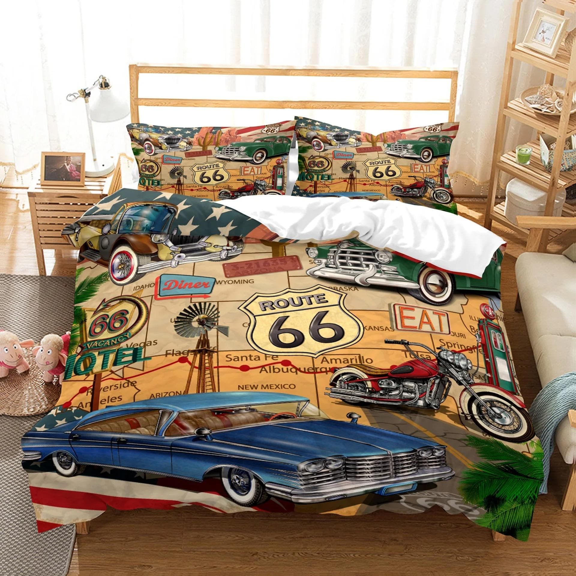 New York Statue of Liberty Duvet Cover KingQueen Size Retro Car Nostalgic 50s Bedding,Vintage Car Polyester Quilt Cover for Men 70x133cm 2pcs