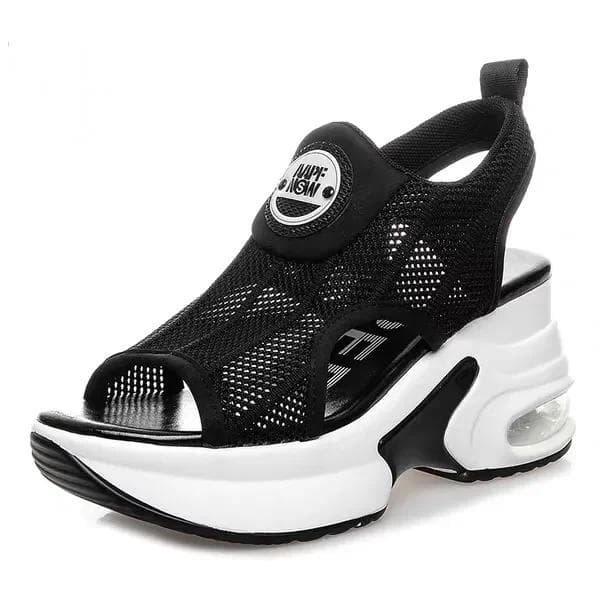 Fashion Retro Black Mesh Platform Sandals Korean Peep Toe Hollow Wedges Heighten Shoes 8cm Summer New Non-Slip Air Cushion Tennis Shoes 35 black