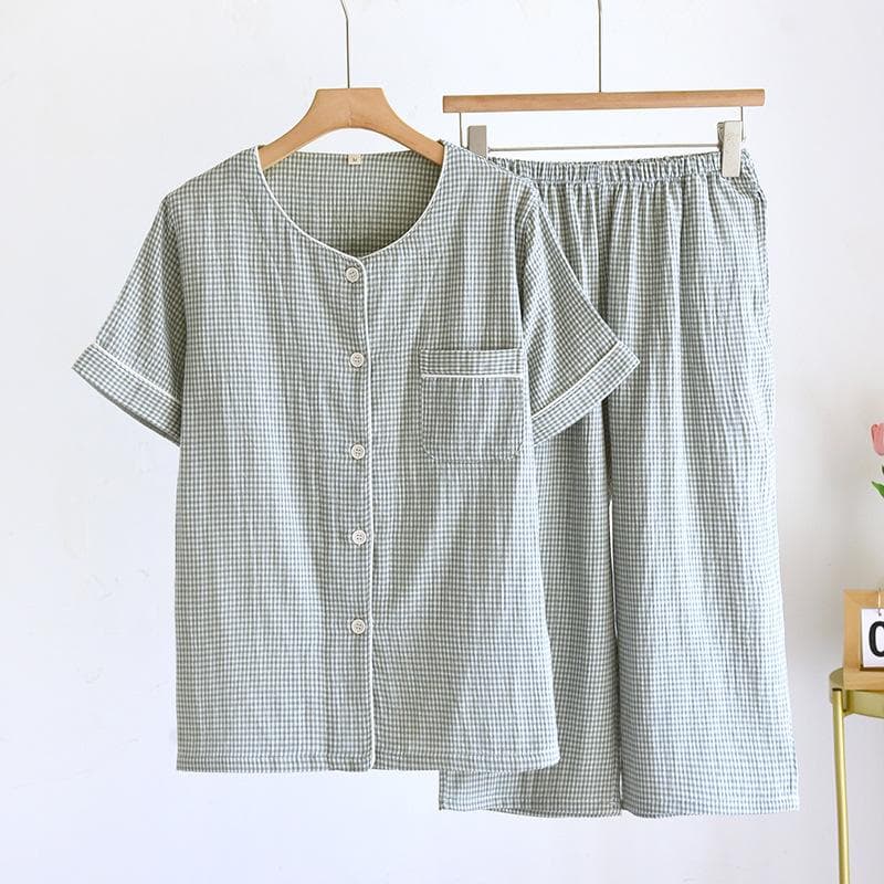 Spring/Summer Couple Pajama Set 100% Cotton Gauze Short Sleeves+Capris Two Piece Men's and Women's Checkered XL