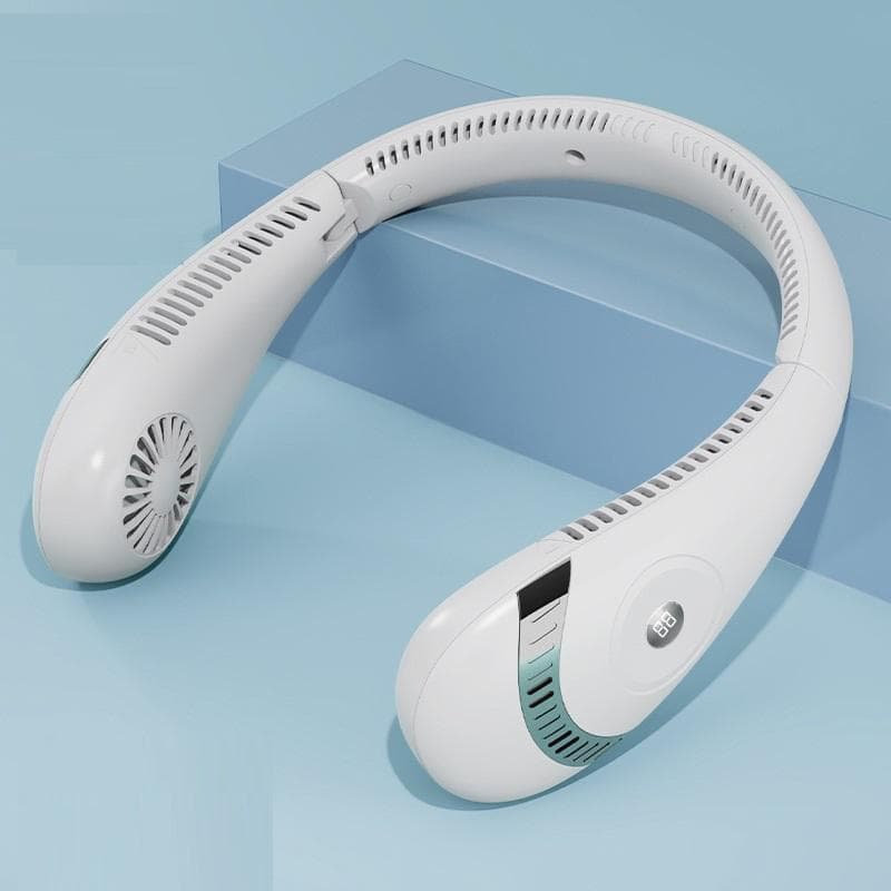 Neck Fan Foldable Bladeless Neck Fans LED Display 3 Speeds Adjustable Portable Summer Air Cooling Bladeless Fan Hanging Neck Fan 5000mAh white