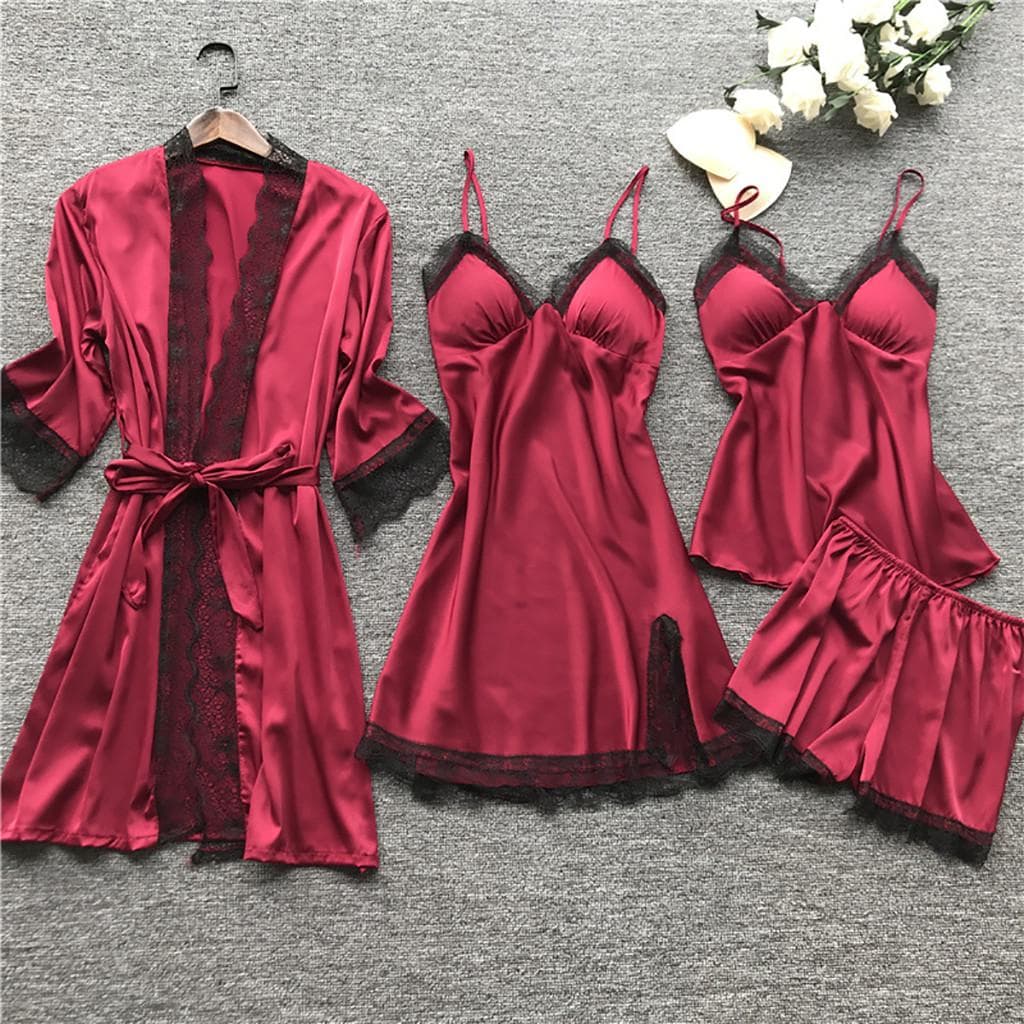 4 PCS Silk Sexy Lingerie Women's Silk Lace Robe Dress Green Pink Babydoll Nightgown Nightgown Lace Camisole Pajama Set XL red