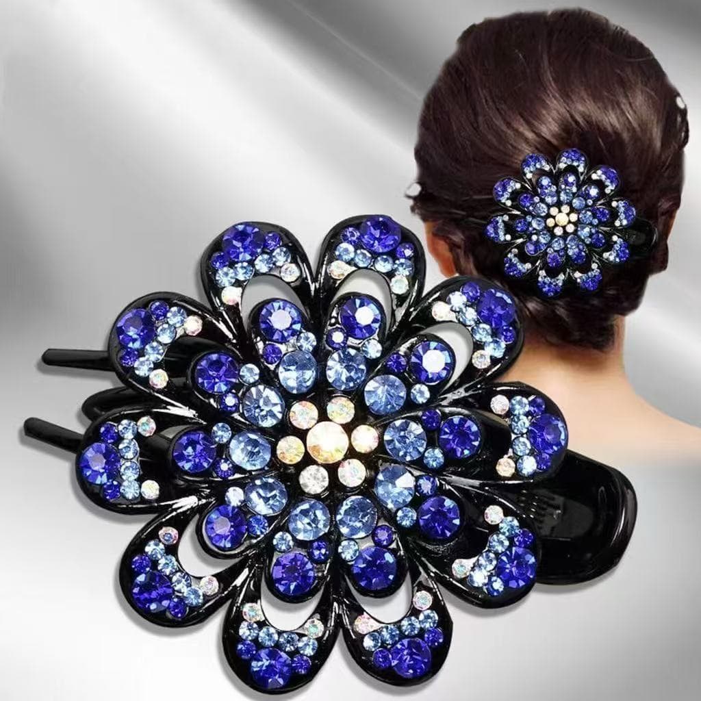 Flower Hair Clip Crystal Rhinestone Fancy Ponytail Barrette Elegant Hair Clip for Women blue