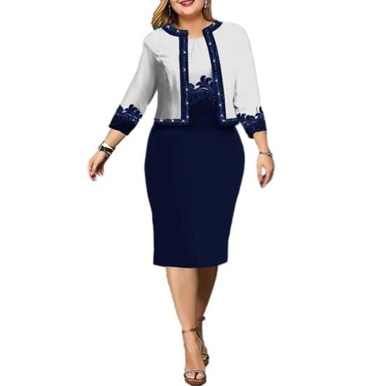2 Pcs/Set Beautiful Banquet Coat Dress Set Flower Print Commute Round Neck Dress Business Situation Party Coat Dress Set Female Clothes 5XL dark blue