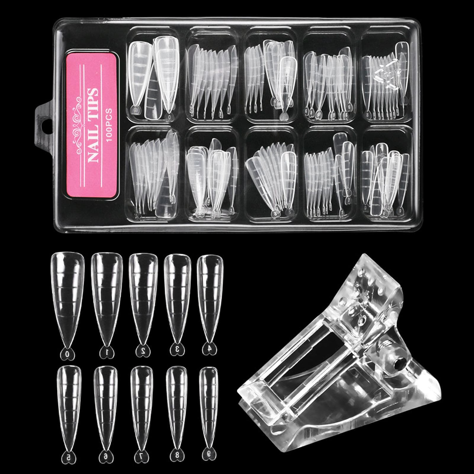 100Pcs Nail Tips with Scale + Nail Clip for Nail Extension Home Salon Manicure Use 1 Set