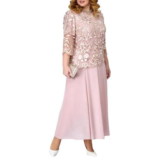 Women Dress Flower Embroidery See-through Lace Three Quarter Sleeve O Neck Fake Two-piece Loose Solid Color Plus Size Elegant Maxi Dress 2XL pink