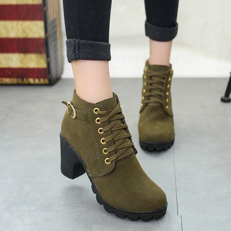Autumn Winter High Heeled Women Boots Cross Straps Short Boots Comfortable Waterproof Boots Warm Plus Size 37 dark green