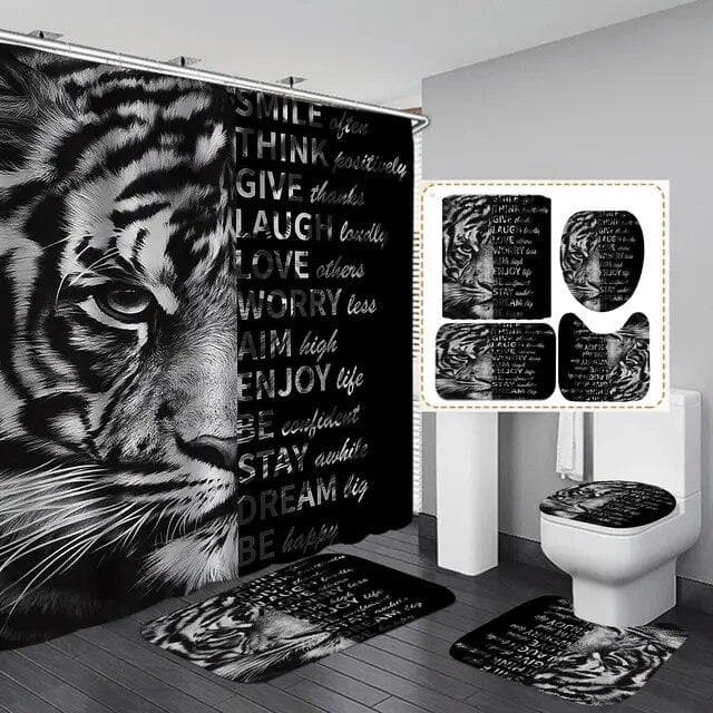 Black Tiger Animals Printed Shower Curtain Set Bathroom Bathing Screen Anti-slip Toilet Lid Cover Carpet Rugs Kitchen Home Decor 4Pcs