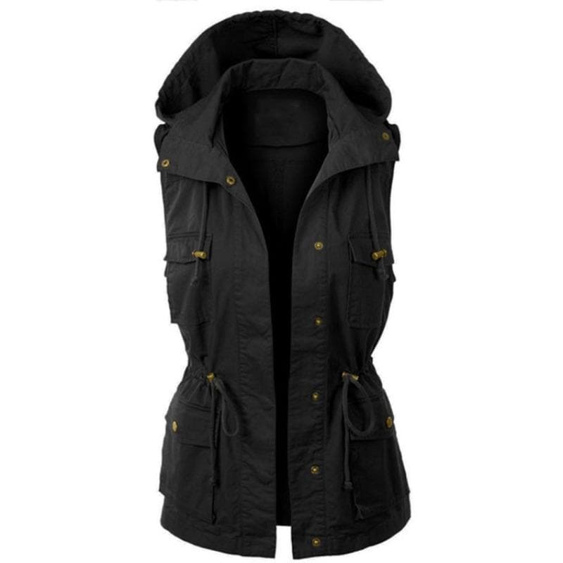 Vest Top Drawstring Hooded Jacket Large Size Sleeveless Lapel Jacket S black