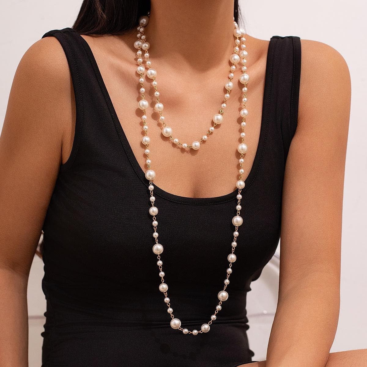 European American Pearl Beaded Long Chain Necklace - Celebrity Style