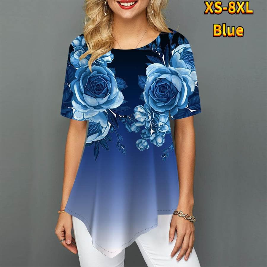 Women Plus Size Ladies Tee Shirts Two Bouquets of Roses Print Loose Casual Tops Female Irregular Summer Clothes 5XL blue