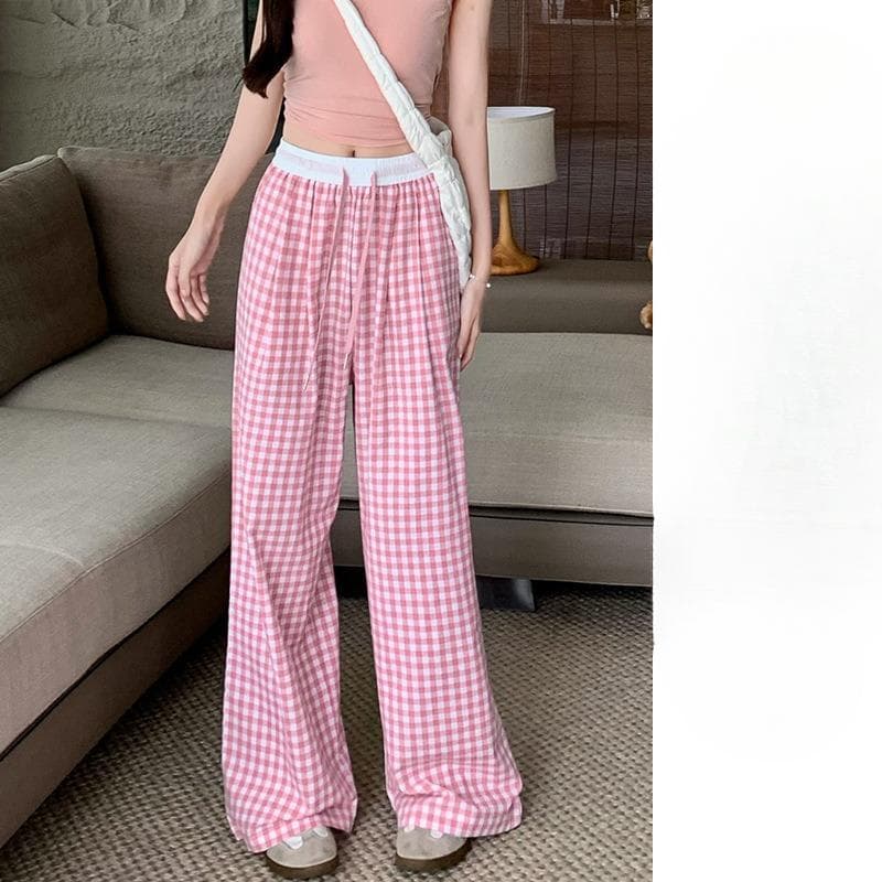 Women's Summer Thin Design Lazy Pants Loose Casual Straight-down Floor Pants Pink Plaid Wide-leg Pants XL