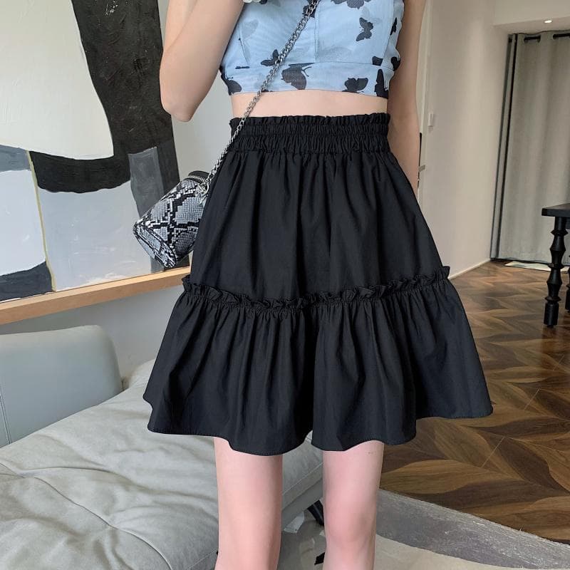 HOUZHOU Mini Skirts Women Kawaii Cute Patchwork High Waist Pleated Skirt Korean Fashion Preppy Style XL black
