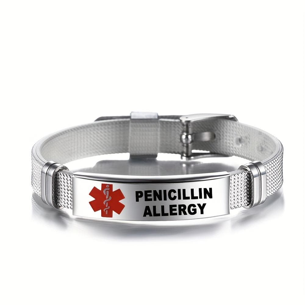 1pc Stainless Steel Snake Cane Bracelet With Red Medical Alert Type 2 DIABETES, Men's Emergency First Aid Bracelet PENICILLIN ALLERGY