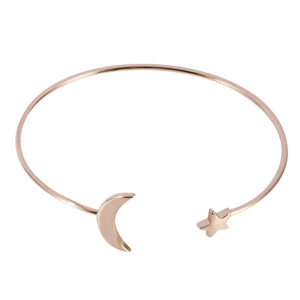 Female Open Bracelet Copper Plating Wristband Bangle with Moon Star Decoration (Rose Gold)