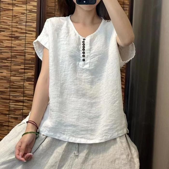New Summer Style Literary Retro High-end Solid Color Cotton and Linen Top for Women Loose Round Neck Casual Simple Short-sleeved Pullover 4XL white