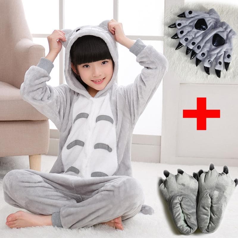 Kigurumi For Kids Children Totoro Pajamas Winter Flannel Warm Sleepwear Boys Girls Animal Onesies Jumpsuits With shoes Gloves gray 5T