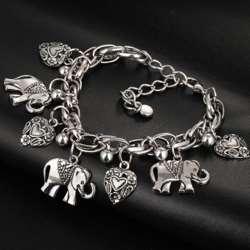 Fashion Celebrity Creative Design Classics Vintage Bracelet Unique Elephant Carved Romantic Heart Model Shiny Bead Pendant Personality Bracelets white