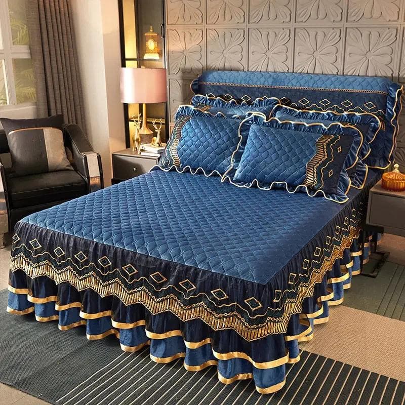 European Vintage Lace Velvet Thicken Bedspread King Size Wedding Quilted Soft Ruffles Bedskirt Set Queen Only 2pcs Pillowcase